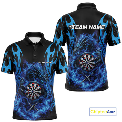 Custom Black And Blue Tribal Flame Dragon Dart Jersey, Dart Team Men Polo Shirt IPHW12095