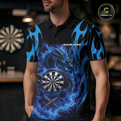 Custom Black And Blue Tribal Flame Dragon Dart Jersey, Dart Team Men Polo Shirt IPHW12095