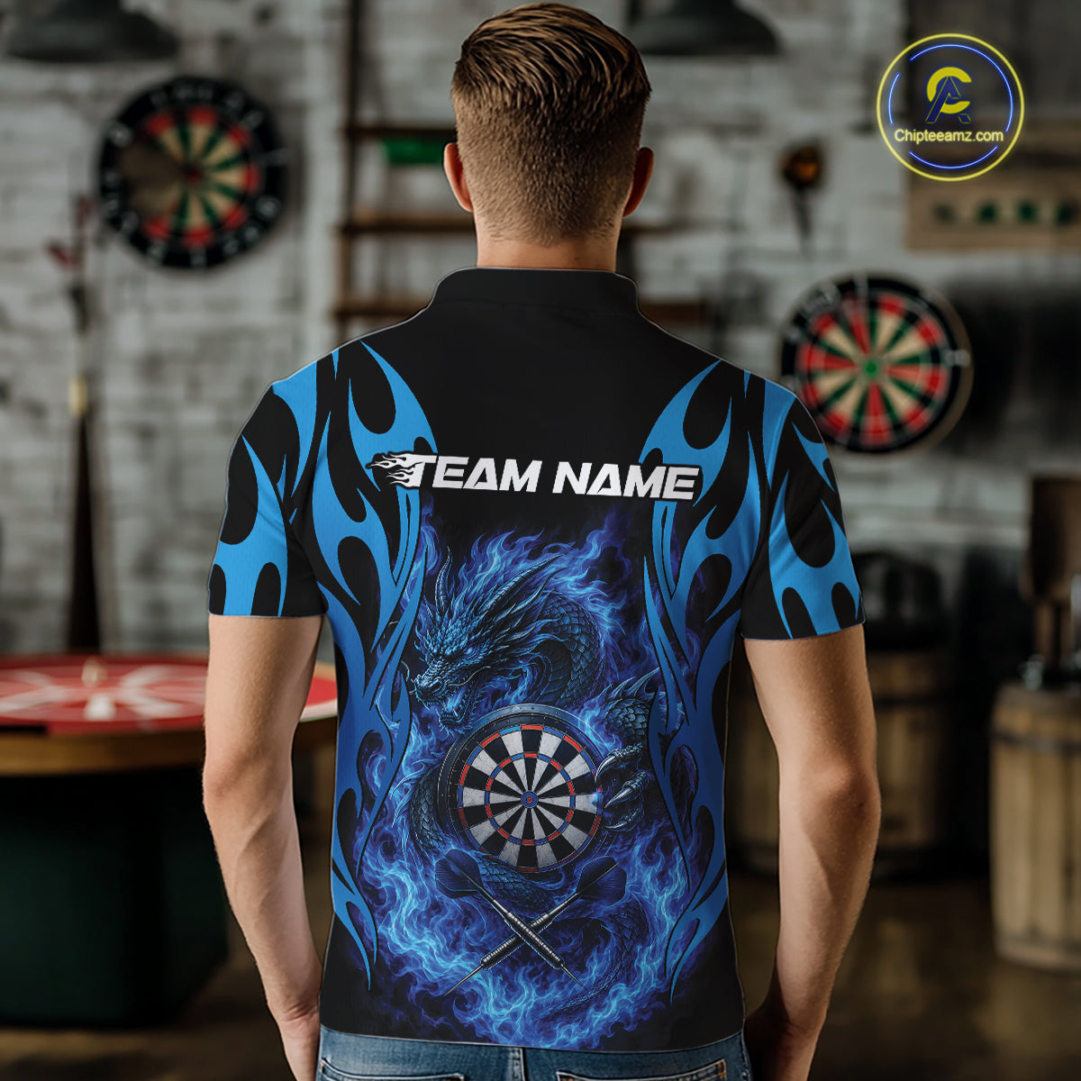 Custom Black And Blue Tribal Flame Dragon Dart Jersey, Dart Team Men Polo Shirt IPHW12095