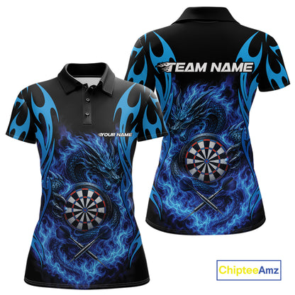 Custom Black And Blue Tribal Flame Dragon Dart Jersey, Dart Team Women Polo Shirt IPHW12095