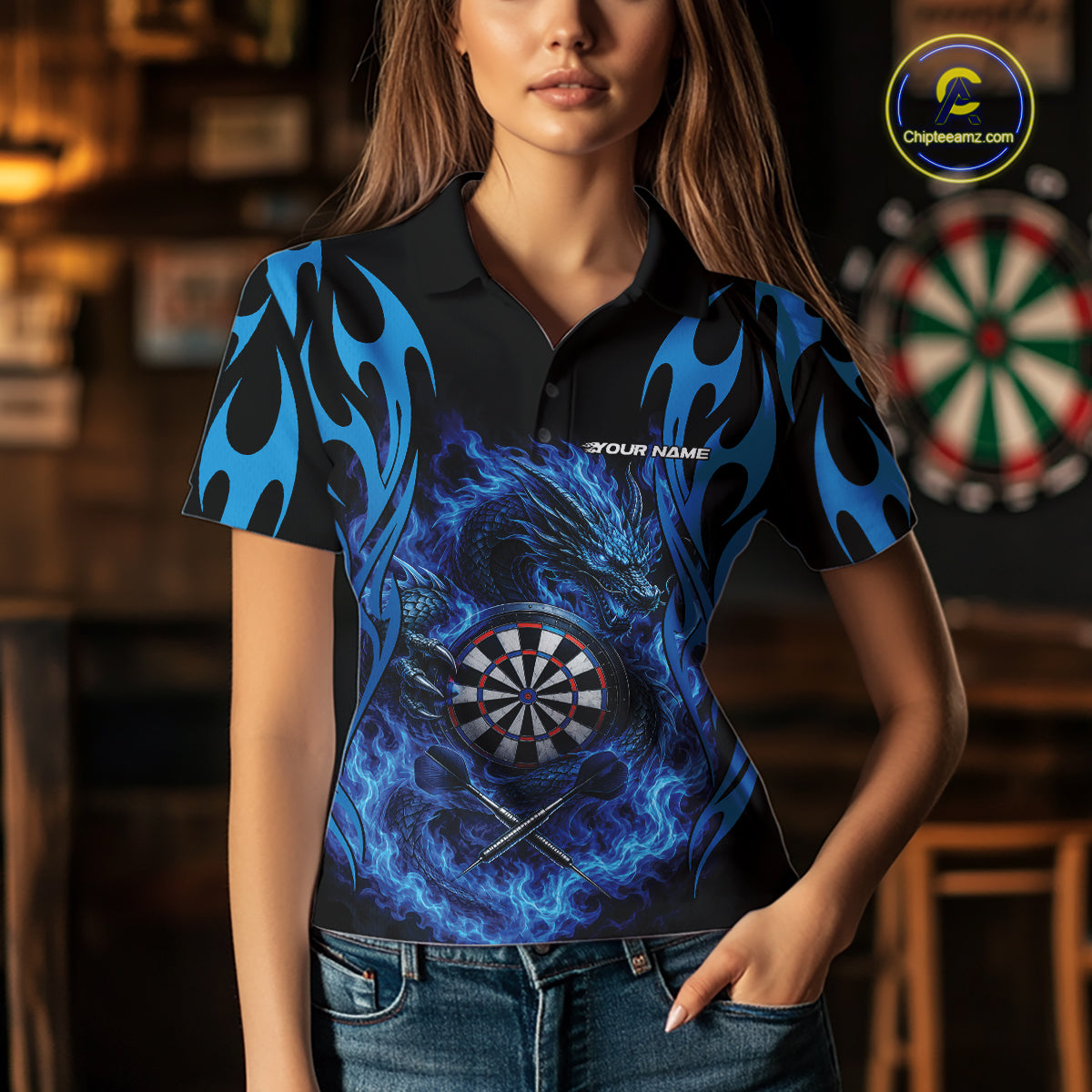 Custom Black And Blue Tribal Flame Dragon Dart Jersey, Dart Team Women Polo Shirt IPHW12095