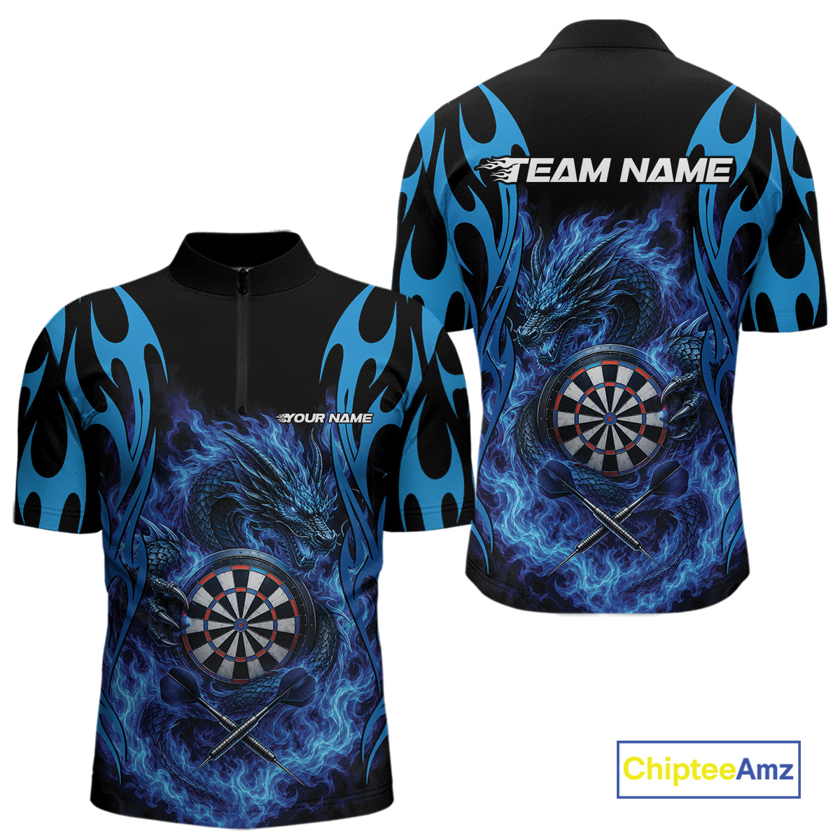 Custom Black And Blue Tribal Flame Dragon Dart Jersey, Dart Team Men Quarter Zip Shirt IPHW12095