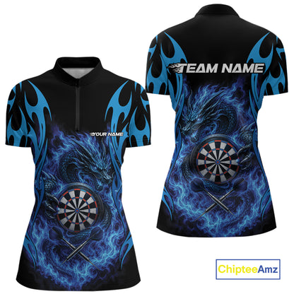 Custom Black And Blue Tribal Flame Dragon Dart Jersey, Dart Team Women Quarter-Zip Shirt IPHW12095