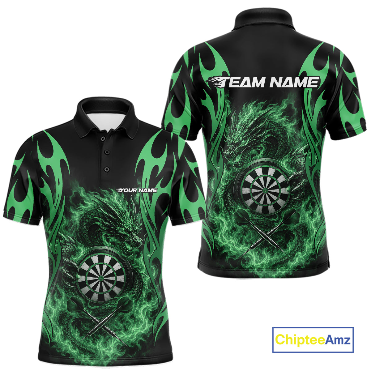 Custom Black And Green Tribal Flame Dragon Dart Jersey, Dart Team Men Polo Shirt IPHW12096