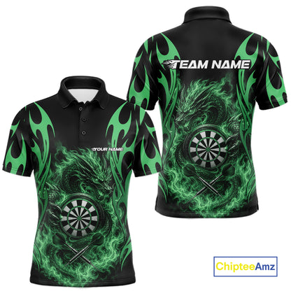 Custom Black And Green Tribal Flame Dragon Dart Jersey, Dart Team Men Polo Shirt IPHW12096