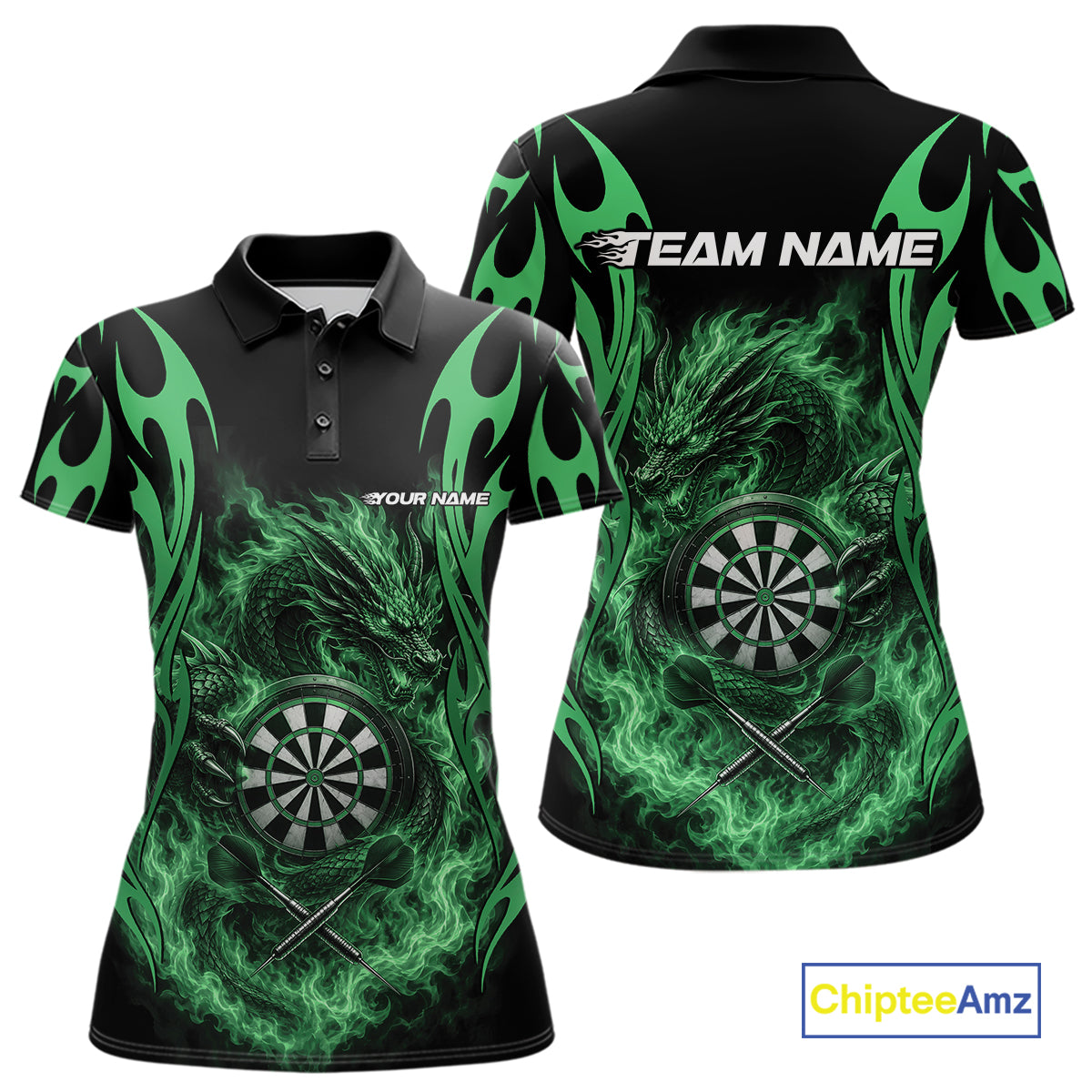 Custom Black And Green Tribal Flame Dragon Dart Jersey, Dart Team Women Polo Shirt IPHW12096