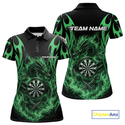 Custom Black And Green Tribal Flame Dragon Dart Jersey, Dart Team Women Polo Shirt IPHW12096