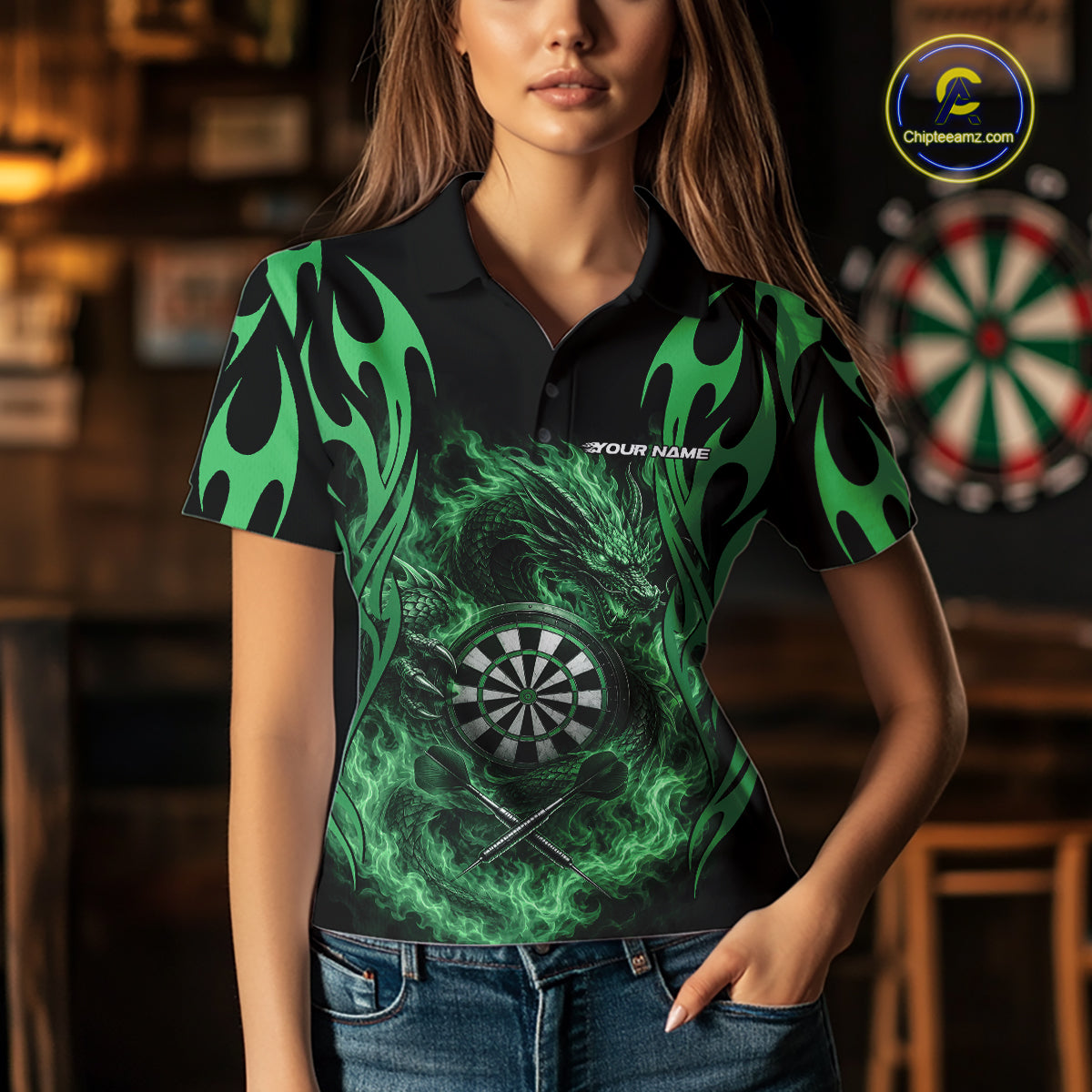 Custom Black And Green Tribal Flame Dragon Dart Jersey, Dart Team Women Polo Shirt IPHW12096