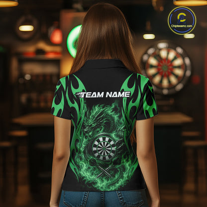 Custom Black And Green Tribal Flame Dragon Dart Jersey, Dart Team Women Polo Shirt IPHW12096