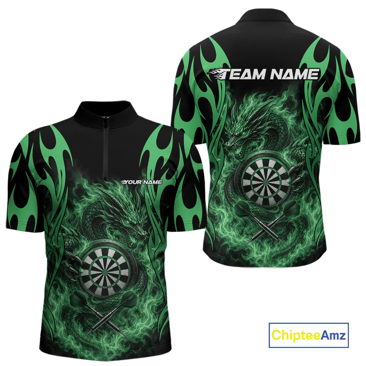 Custom Black And Green Tribal Flame Dragon Dart Jersey, Dart Team Men Quarter Zip Shirt IPHW12096