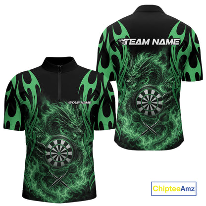 Custom Black And Green Tribal Flame Dragon Dart Jersey, Dart Team Men Quarter Zip Shirt IPHW12096