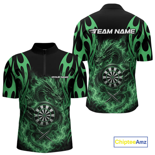 Custom Black And Green Tribal Flame Dragon Dart Jersey, Dart Team Men Quarter Zip Shirt IPHW12096