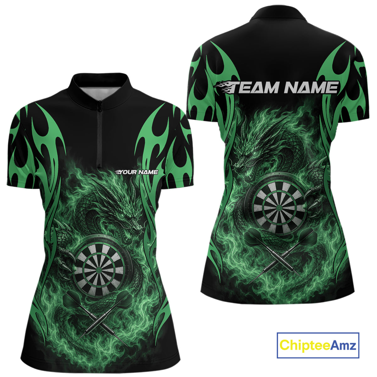 Custom Black And Green Tribal Flame Dragon Dart Jersey, Dart Women Quarter-Zip Shirt IPHW12096