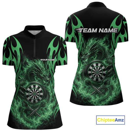 Custom Black And Green Tribal Flame Dragon Dart Jersey, Dart Women Quarter-Zip Shirt IPHW12096