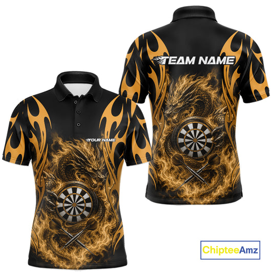Custom Black And Yellow Tribal Flame Dragon Dart Jersey, Dart Team Men Polo Shirt IPHW12097