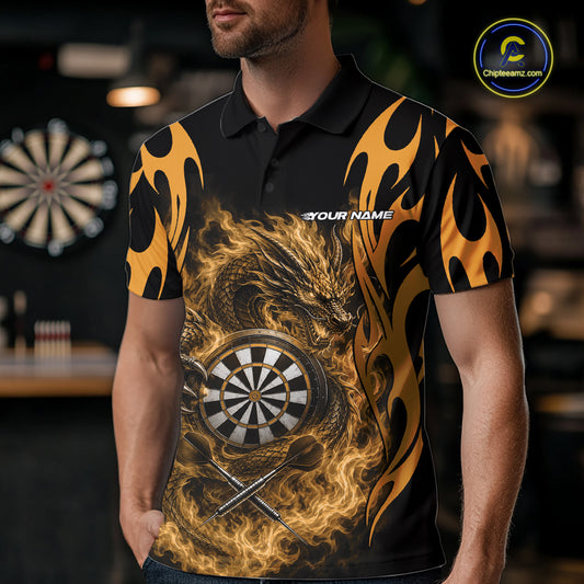 Custom Black And Yellow Tribal Flame Dragon Dart Jersey, Dart Team Men Polo Shirt IPHW12097