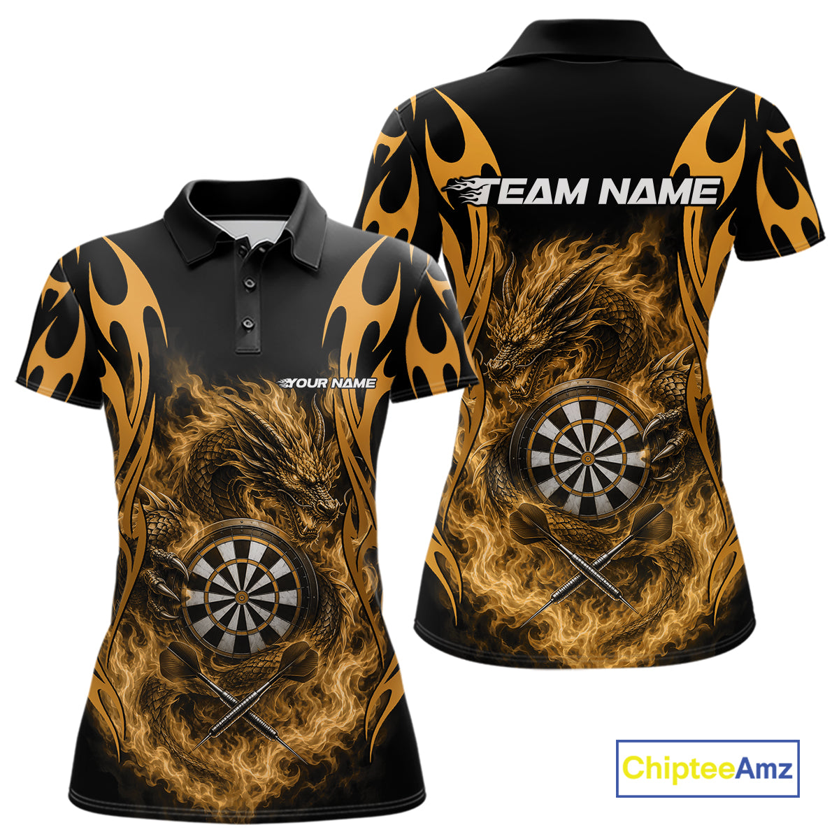 Custom Black And Yellow Tribal Flame Dragon Dart Jersey, Dart Team Women Polo Shirt IPHW12097