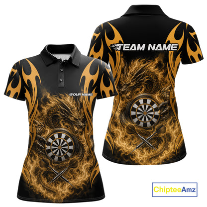 Custom Black And Yellow Tribal Flame Dragon Dart Jersey, Dart Team Women Polo Shirt IPHW12097