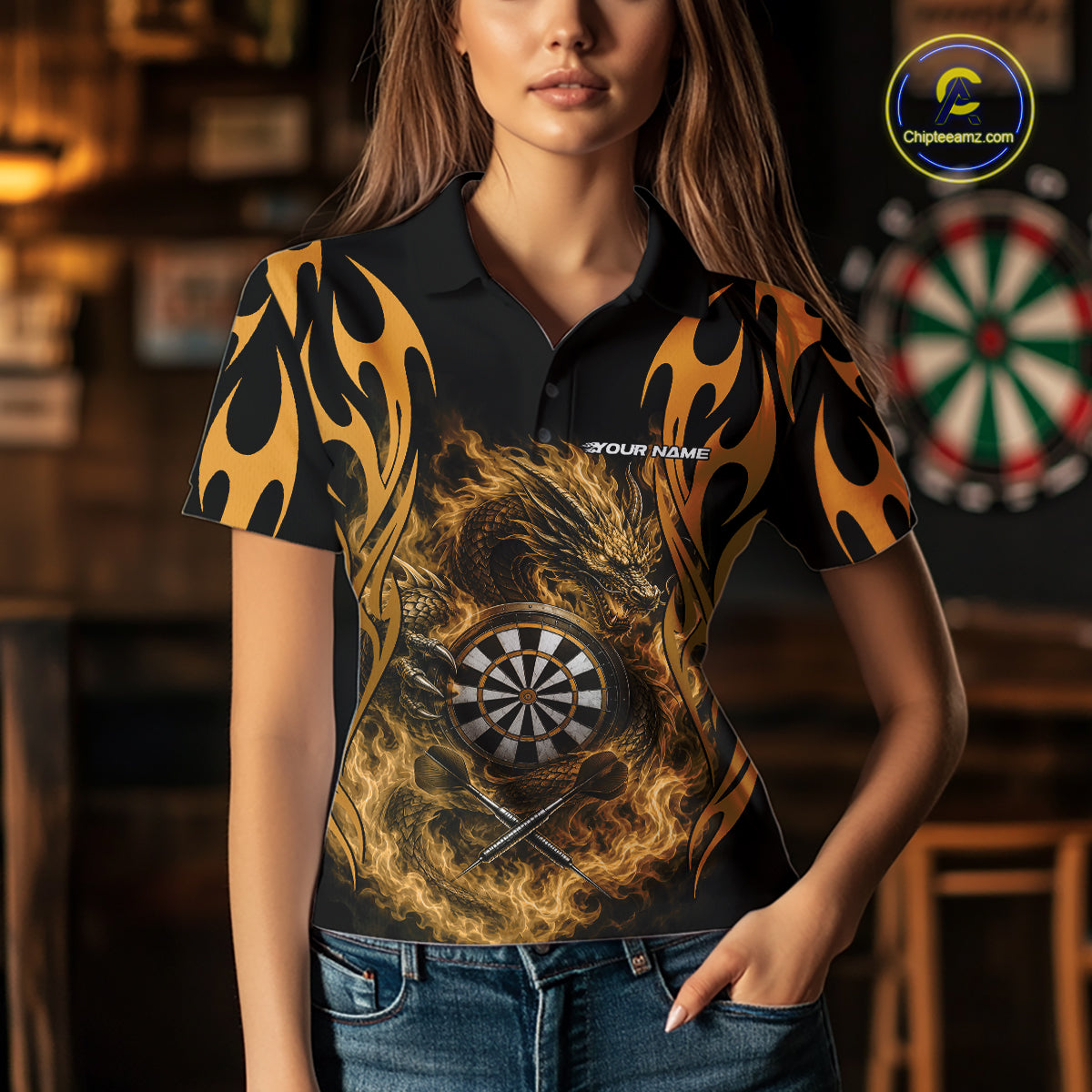 Custom Black And Yellow Tribal Flame Dragon Dart Jersey, Dart Team Women Polo Shirt IPHW12097
