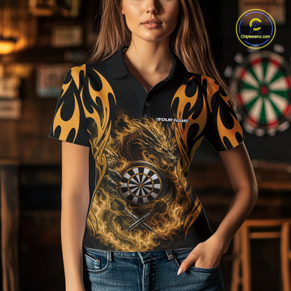 Custom Black And Yellow Tribal Flame Dragon Dart Jersey, Dart Team Women Polo Shirt IPHW12097
