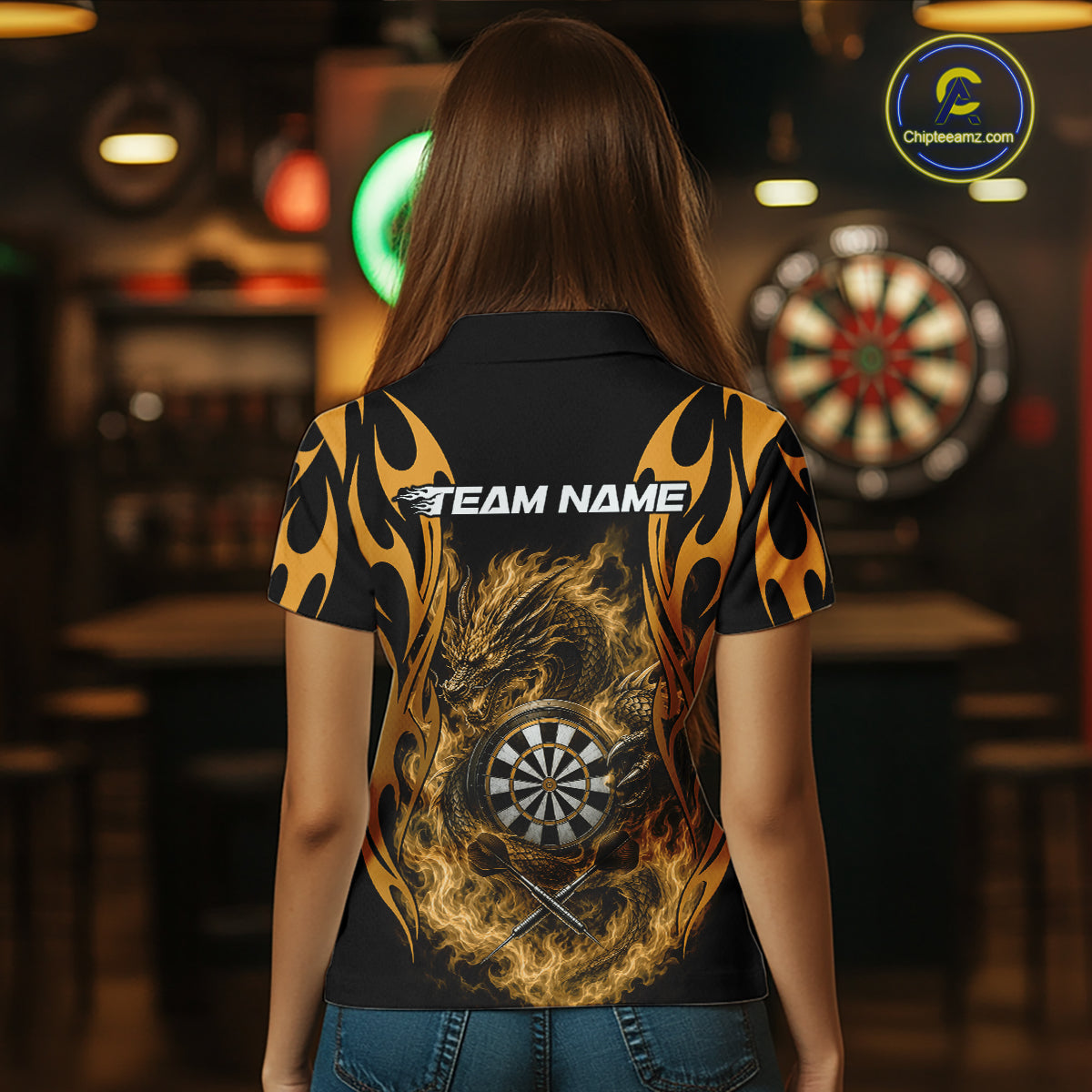 Custom Black And Yellow Tribal Flame Dragon Dart Jersey, Dart Team Women Polo Shirt IPHW12097