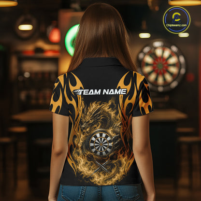 Custom Black And Yellow Tribal Flame Dragon Dart Jersey, Dart Team Women Polo Shirt IPHW12097