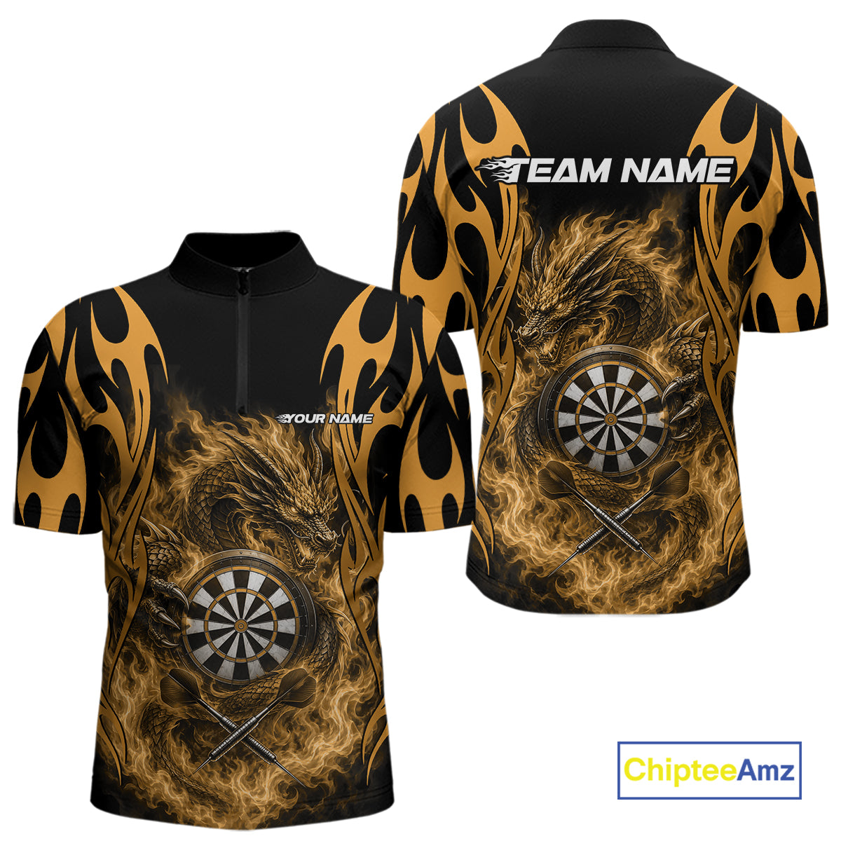 Custom Black And Yellow Tribal Flame Dragon Dart Jersey, Dart Team Men Quarter Zip Shirt IPHW12097