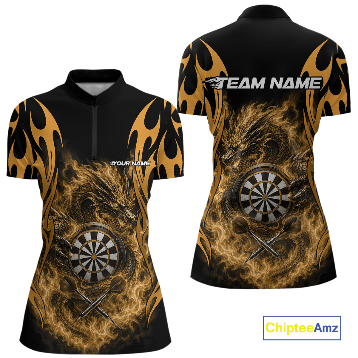 Custom Black And Yellow Tribal Flame Dragon Dart Jersey, Dart Women Quarter-Zip Shirt IPHW12097