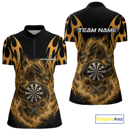Custom Black And Yellow Tribal Flame Dragon Dart Jersey, Dart Women Quarter-Zip Shirt IPHW12097