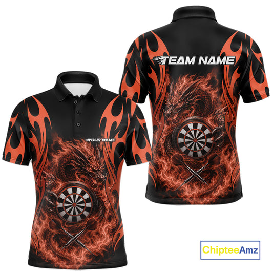 Custom Black And Orange Tribal Flame Dragon Dart Jersey, Dart Team Men Polo Shirt IPHW12098