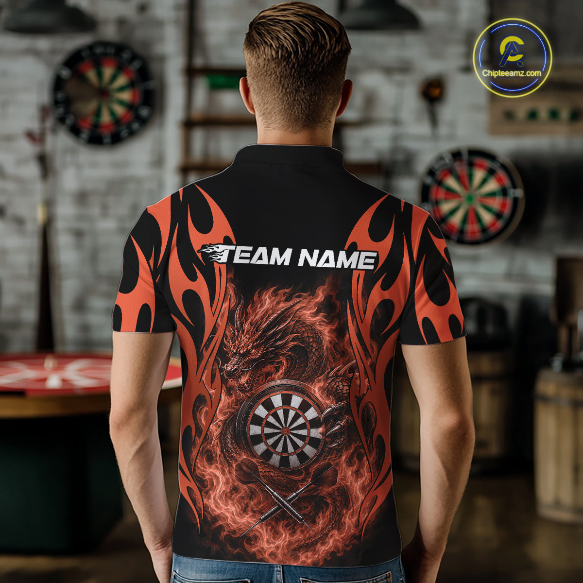 Custom Black And Orange Tribal Flame Dragon Dart Jersey, Dart Team Men Polo Shirt IPHW12098