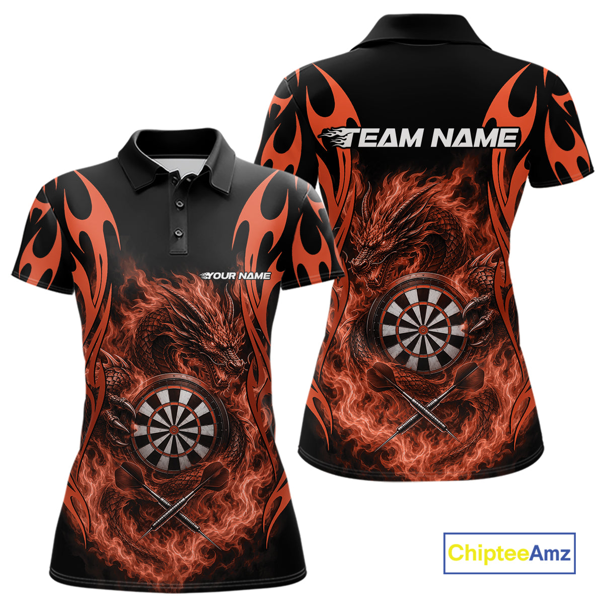 Custom Black And Orange Tribal Flame Dragon Dart Jersey, Dart Team Women Polo Shirt IPHW12098