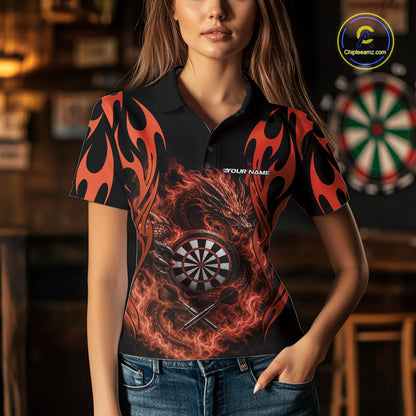Custom Black And Orange Tribal Flame Dragon Dart Jersey, Dart Team Women Polo Shirt IPHW12098