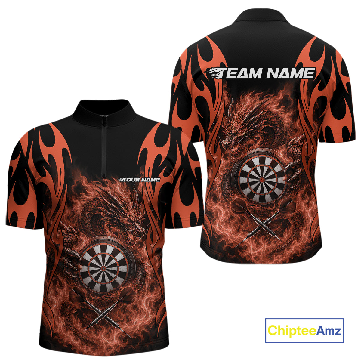 Custom Black And Orange Tribal Flame Dragon Dart Jersey, Dart Team Men Quarter Zip Shirt IPHW12098