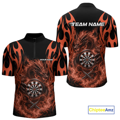 Custom Black And Orange Tribal Flame Dragon Dart Jersey, Dart Team Men Quarter Zip Shirt IPHW12098