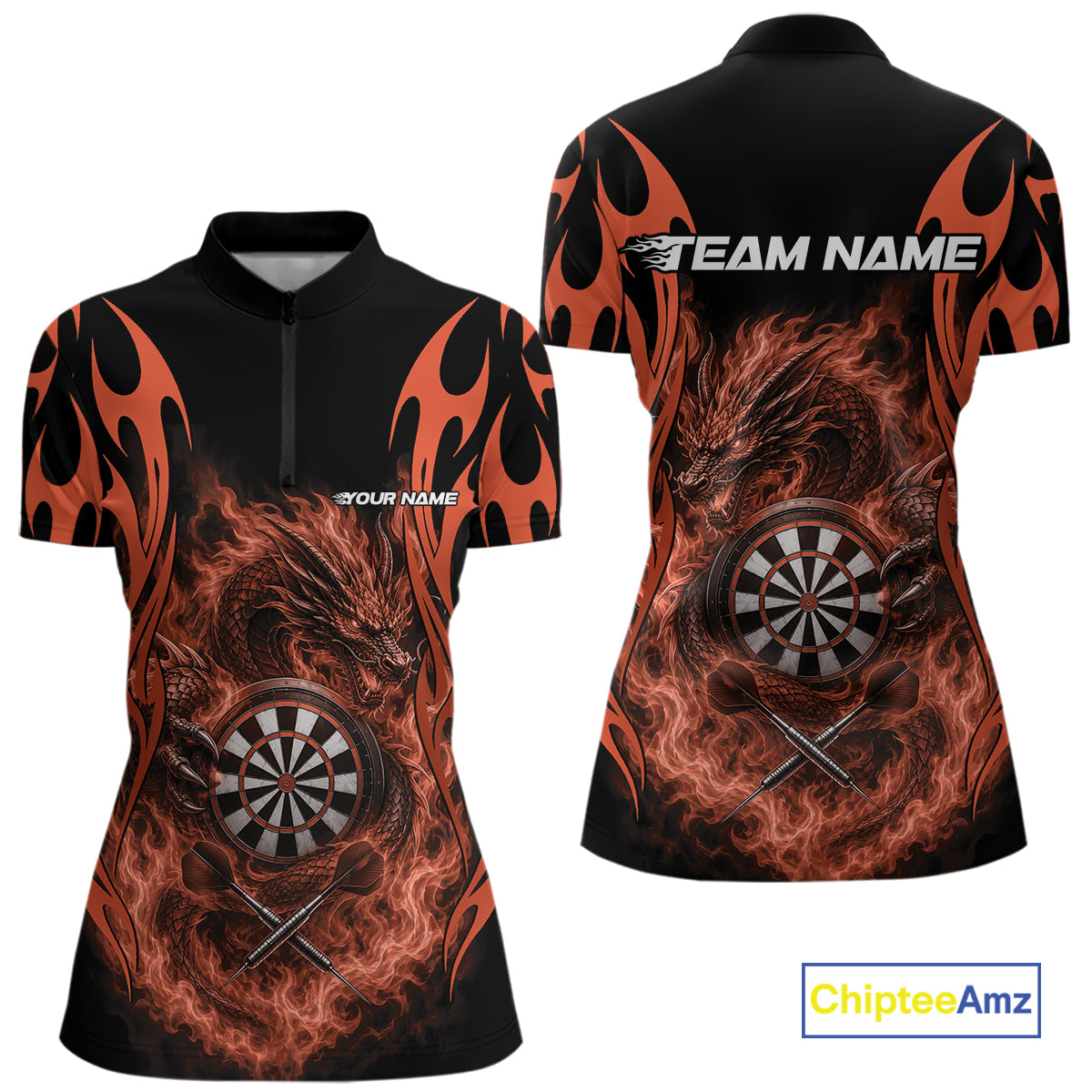 Custom Black And Orange Tribal Flame Dragon Dart Jersey, Dart Women Quarter-Zip Shirt IPHW12098