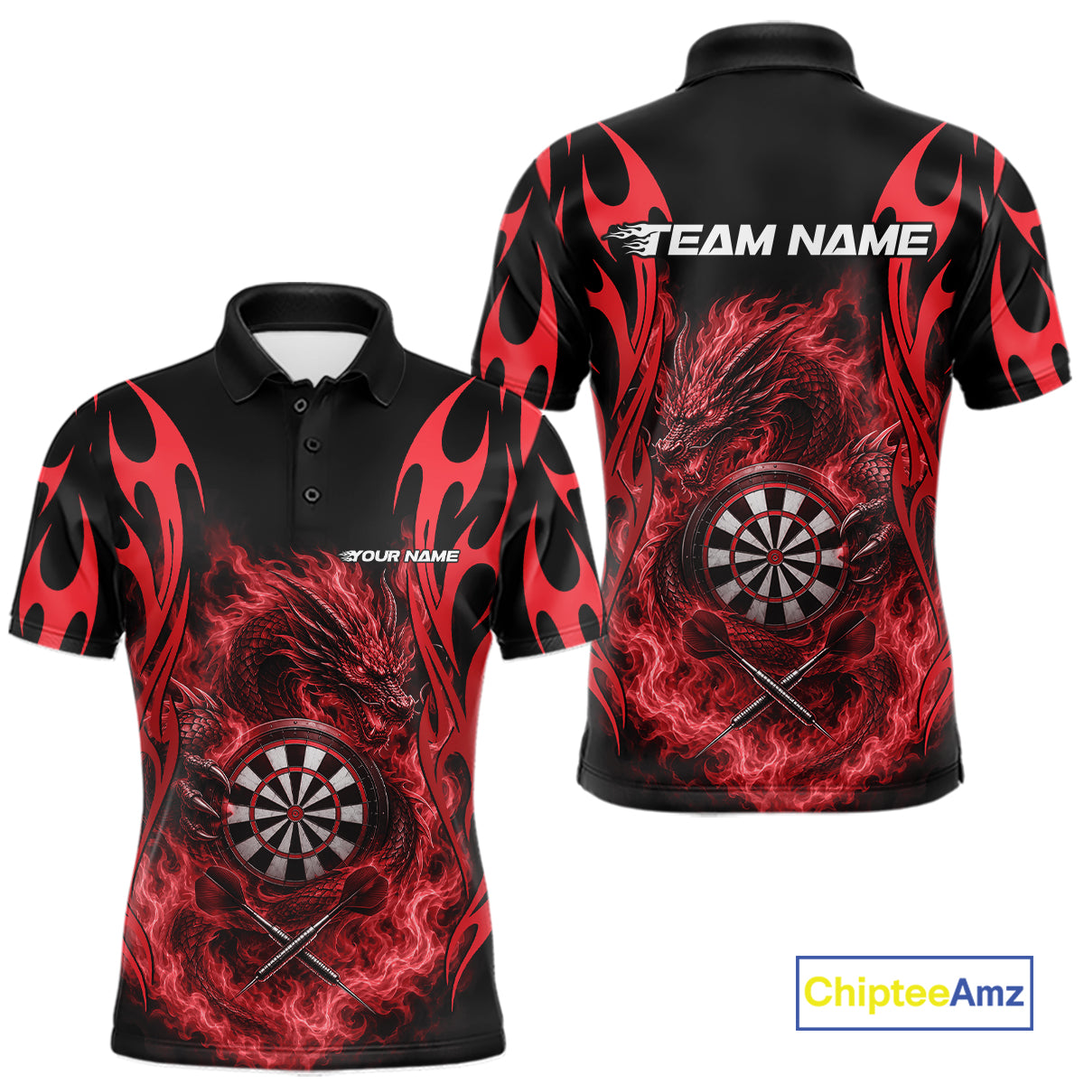 Custom Black And Red Tribal Flame Dragon Dart Jersey, Dart Team Men Polo Shirt IPHW12099