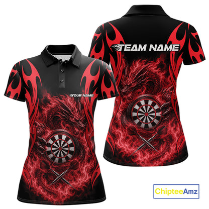 Custom Black And Red Tribal Flame Dragon Dart Jersey, Dart Team Women Polo Shirt IPHW12099