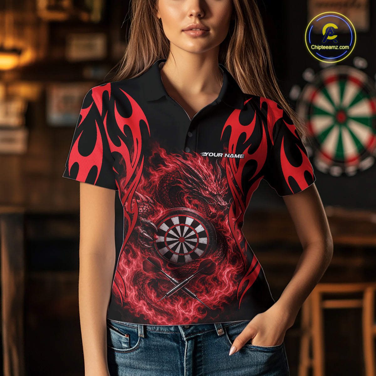 Custom Black And Red Tribal Flame Dragon Dart Jersey, Dart Team Women Polo Shirt IPHW12099