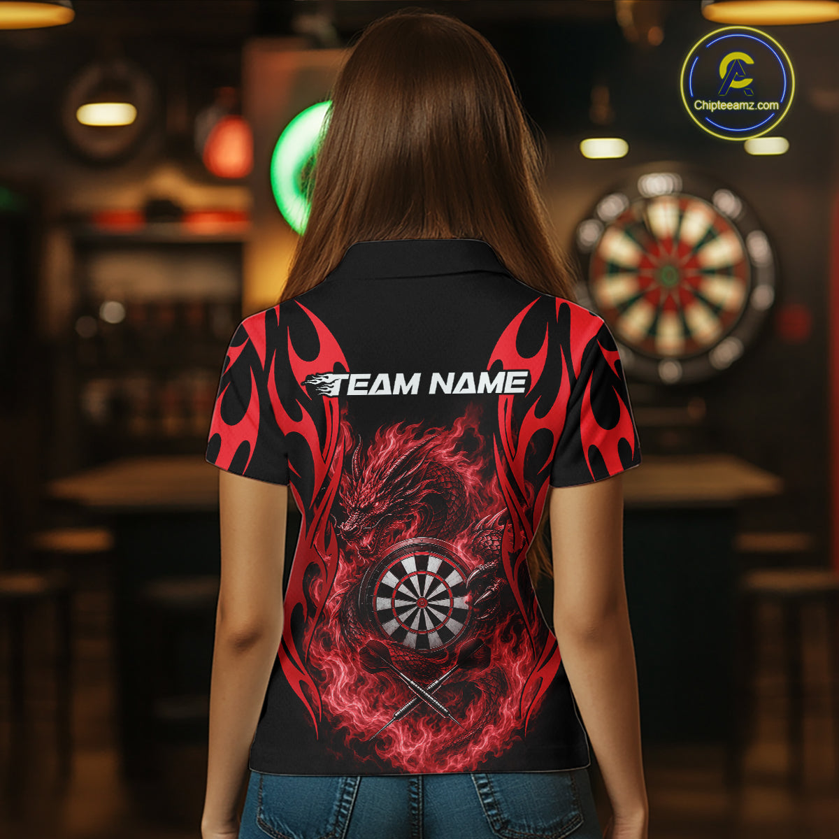Custom Black And Red Tribal Flame Dragon Dart Jersey, Dart Team Women Polo Shirt IPHW12099