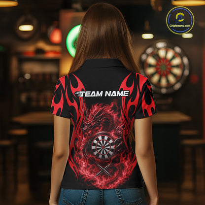 Custom Black And Red Tribal Flame Dragon Dart Jersey, Dart Team Women Polo Shirt IPHW12099