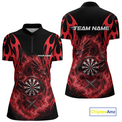 Custom Black And Red Tribal Flame Dragon Dart Jersey, Dart Team Women Quarter-Zip Shirt IPHW12099