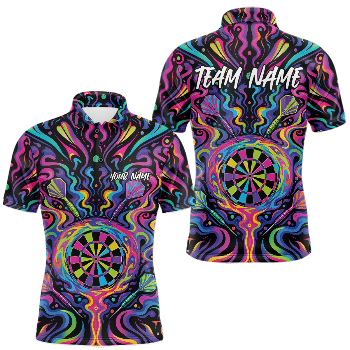 Front and back views of a short-sleeve polo shirt featuring a vibrant, psychedelic neon swirl pattern in pink, purple, blue, green, and yellow over a black base.