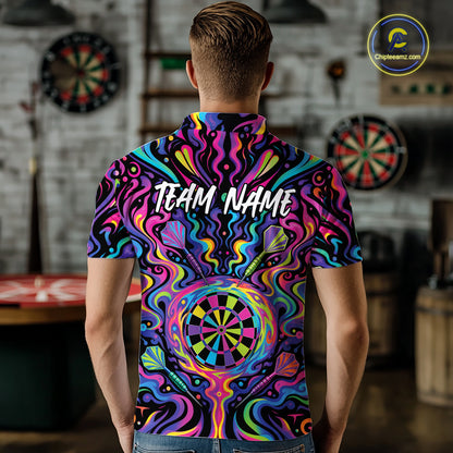 A man viewed from behind wearing a short-sleeve shirt with a vivid neon dartboard-themed graphic print. 