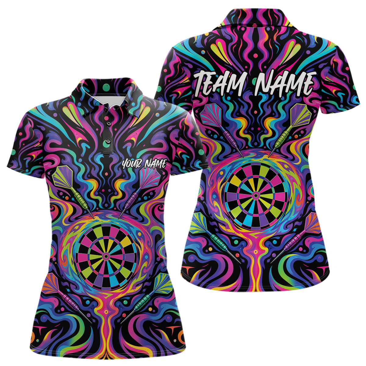 Front and back views of a short-sleeve polo shirt featuring a vibrant, psychedelic neon swirl pattern in pink, blue, yellow, green, and purple.
