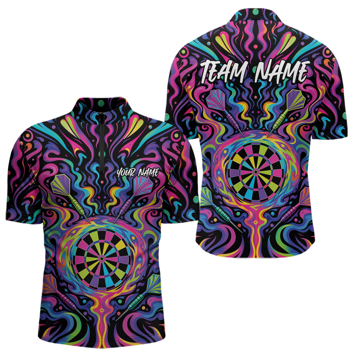 Front and back views of a short-sleeve dart quarter zip shirt with a vibrant, psychedelic neon pattern in pink, purple, blue, green, and yellow. The shirt features a dartboard graphic on the front and back, with 'TEAM NAME' and 'YOUR NAME' printed in white text.