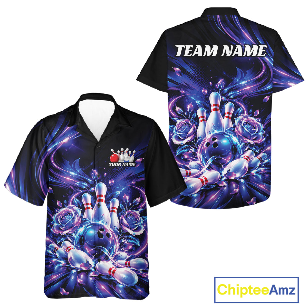 Custom Neon Cosmic Bowling And Roses Men And Women Button Up, Bowling Tournament Team Jersey IPHW12859