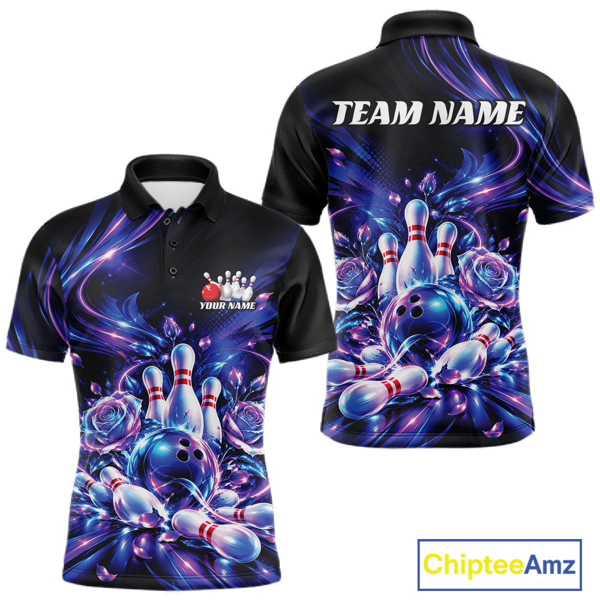 Custom Neon Cosmic Bowling And Roses Men Polo, Bowling Tournament Team Jersey IPHW12859
