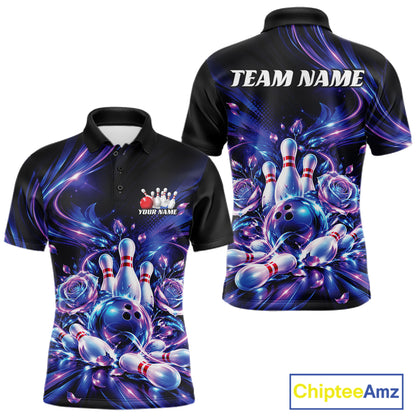 Custom Neon Cosmic Bowling And Roses Men Polo, Bowling Tournament Team Jersey IPHW12859