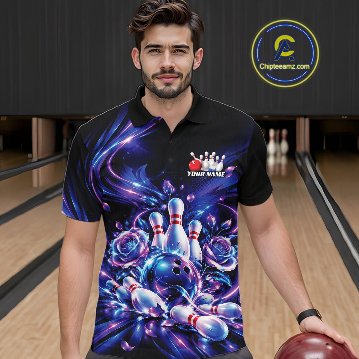 Custom Neon Cosmic Bowling And Roses Men Polo, Bowling Tournament Team Jersey IPHW12859